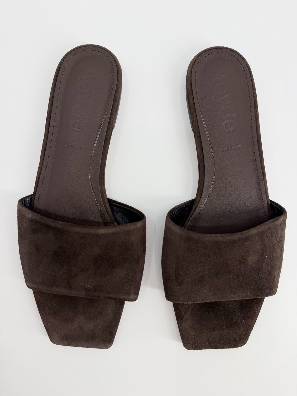 Aeyde Anna Chocolate Brown Suede Square Toe Flat Slide Sandals Size 40.5 EU 10